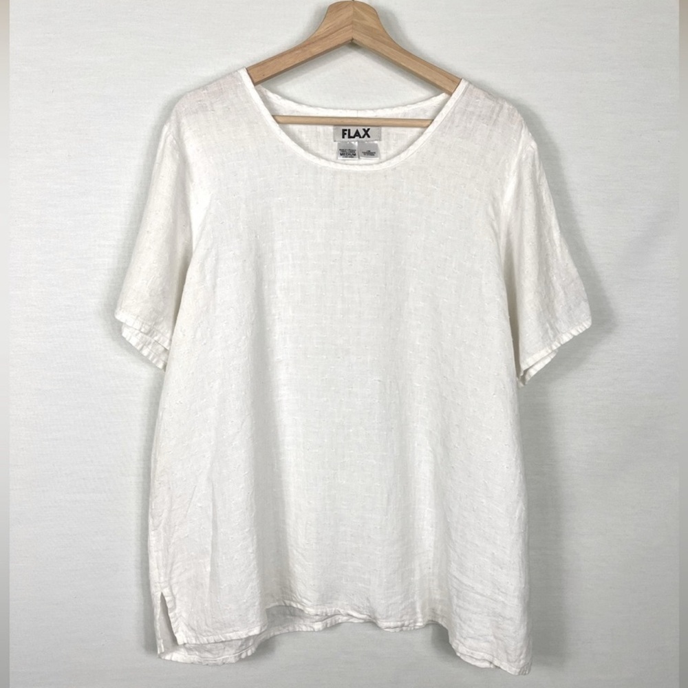 Flax 100% Linen short sleeve top textured semi sheer shirt lagenlook size Medium